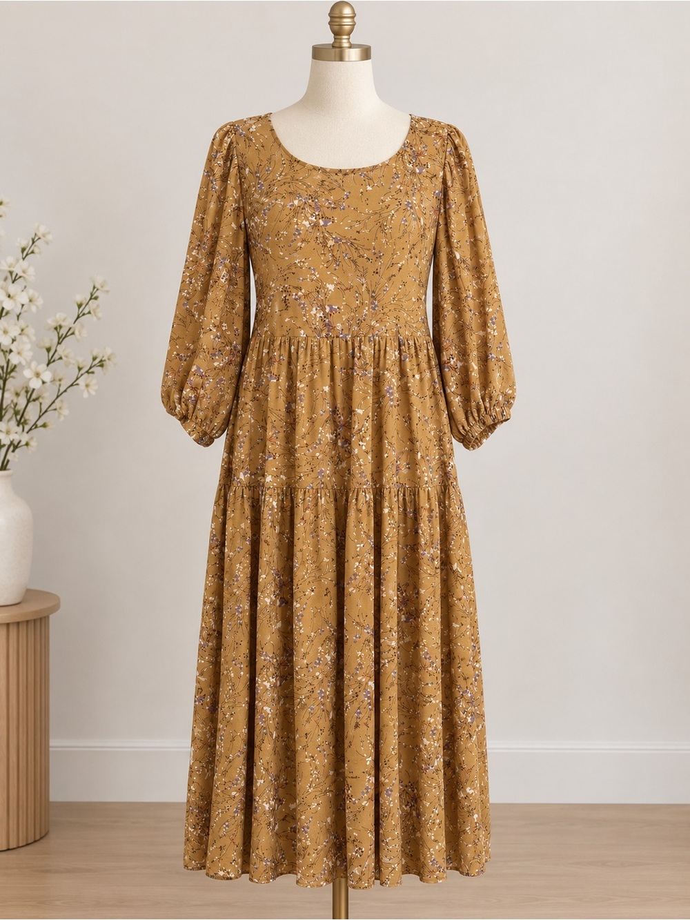 Code x Mode Floral Mustard Maxi Dress with Tiered Skirt